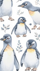 Obraz premium Penguins in a playful arrangement with botanical elements