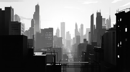 Monochrome city skyline with clean, straight lines and few details, creating a modern vibe.