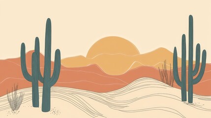 Simple cactus illustration with few lines, set against a pale background, evoking a desert scene.