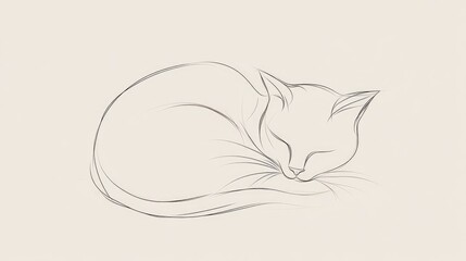 Single-line drawing of a cat curled up, capturing simplicity and softness on a light background.