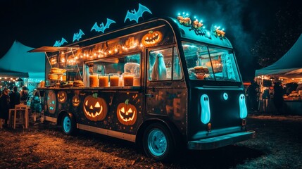 Halloween Food Truck with Spooky Decor.