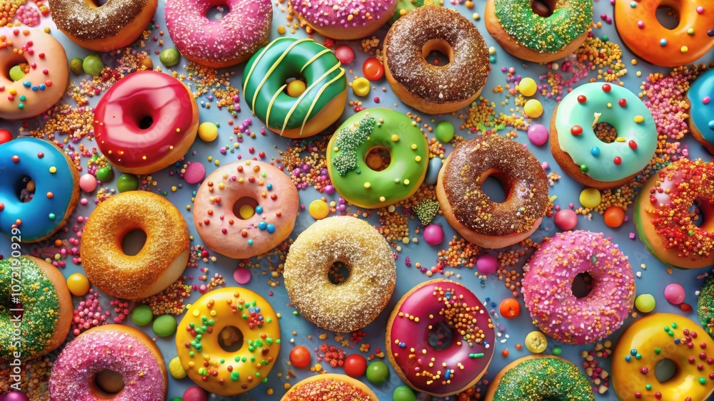 Poster a delightful assortment of colorful donuts, each with a unique topping, scattered amongst colorful s