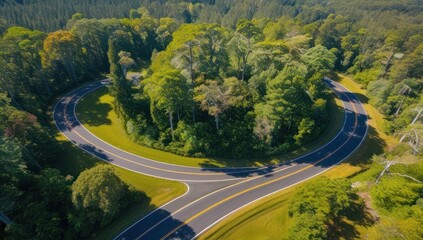 Winding road, top view of beautiful aerial view of asphalt road, highway through forest. For traveling and driving in nature
