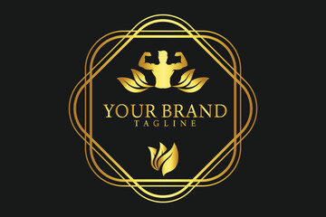 Fitness logo design template health or gym vector simple hand muscle activity icon with leaf.