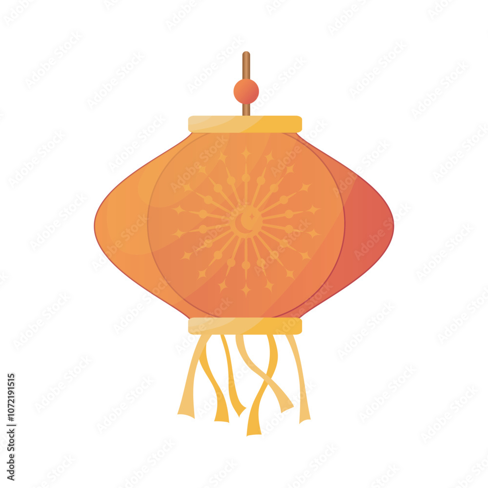 Poster chinese lantern in flat design. round shape of red paper lamp with tassels. vector illustration isol