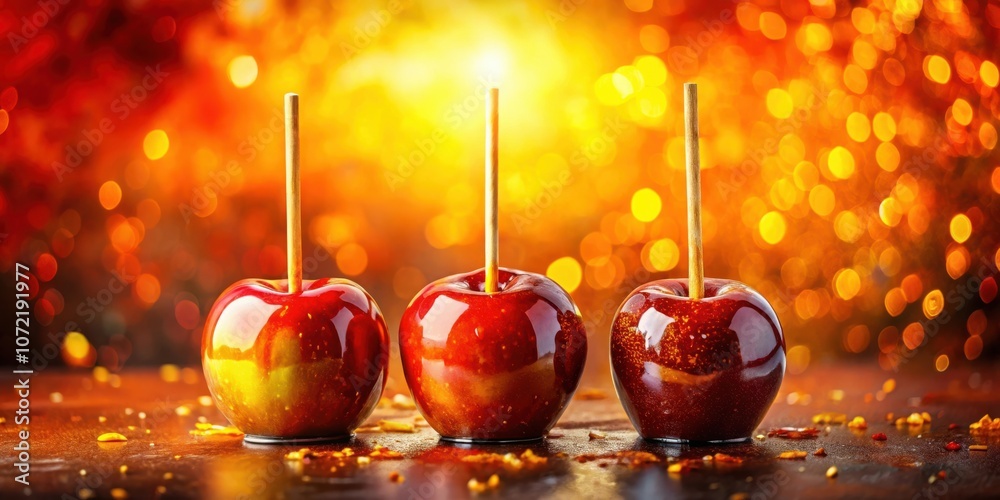 Poster three shiny red candy apples on a wooden surface with a blurry background of warm lights