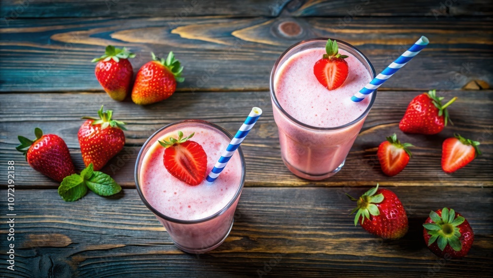Poster two strawberry smoothies with straws and fresh strawberries on wooden background