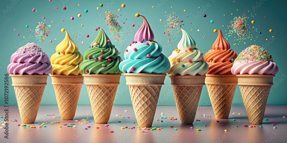 Poster a colorful assortment of ice cream cones adorned with sprinkles, creating a cheerful and inviting su