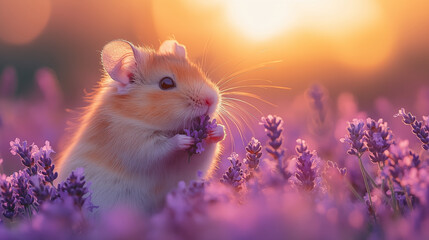 Hamster smelling lavender flowers at sunset, dreamy purple backdrop