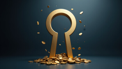 Stablecoins are the key to financial stability and security. Image shows a golden key surrounded by scattered gold coins, symbolizing trust and reliability in cryptocurrency.