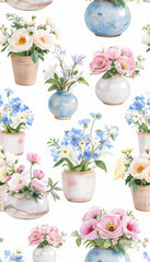 Potted flowers in a variety of colorful and vibrant arrangements