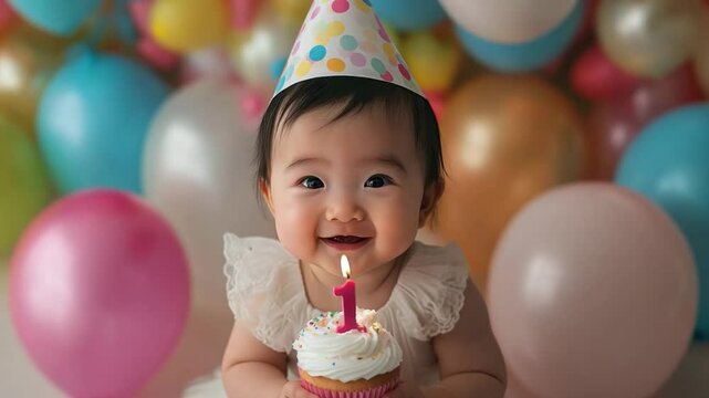 A cheerful asian baby smiles while holding a cupcake with a candle, surrounded by festive balloons during a first year birthday celebration