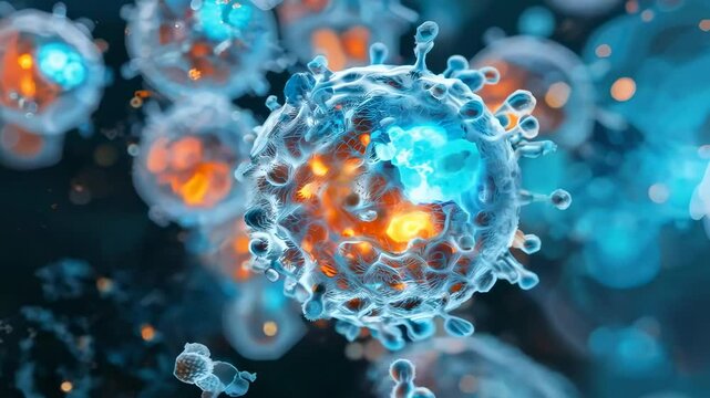 Microscopic view of viruses in vibrant colors and intricate details