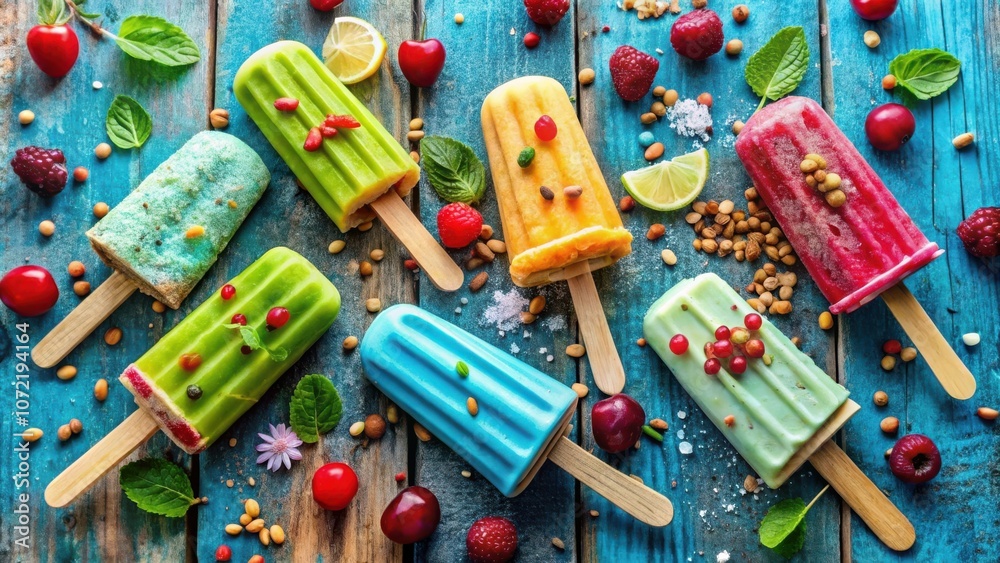 Aufkleber a collection of colorful popsicles on a wooden surface with a scattering of fruit and nuts