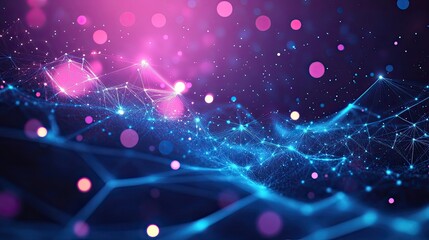 Fototapeta premium Abstract digital network with glowing pink and blue particles.