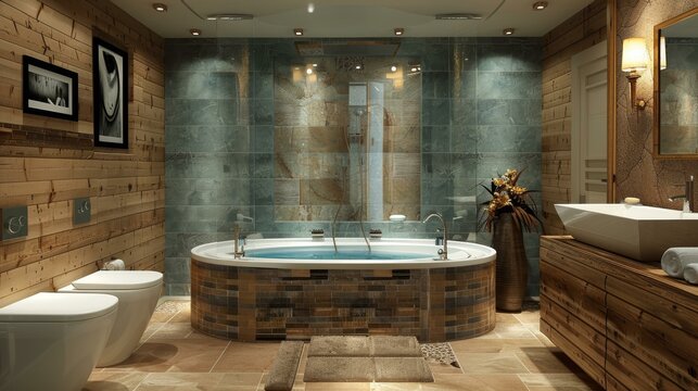 Modern Wooden Bathroom Interior Design with a Jacuzzi