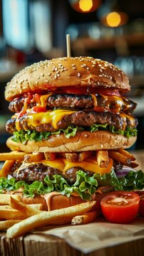 A delicious double cheeseburger with fries and tomato