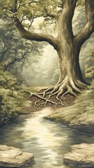 A serene landscape featuring a large tree by a gentle stream in a tranquil forest setting.