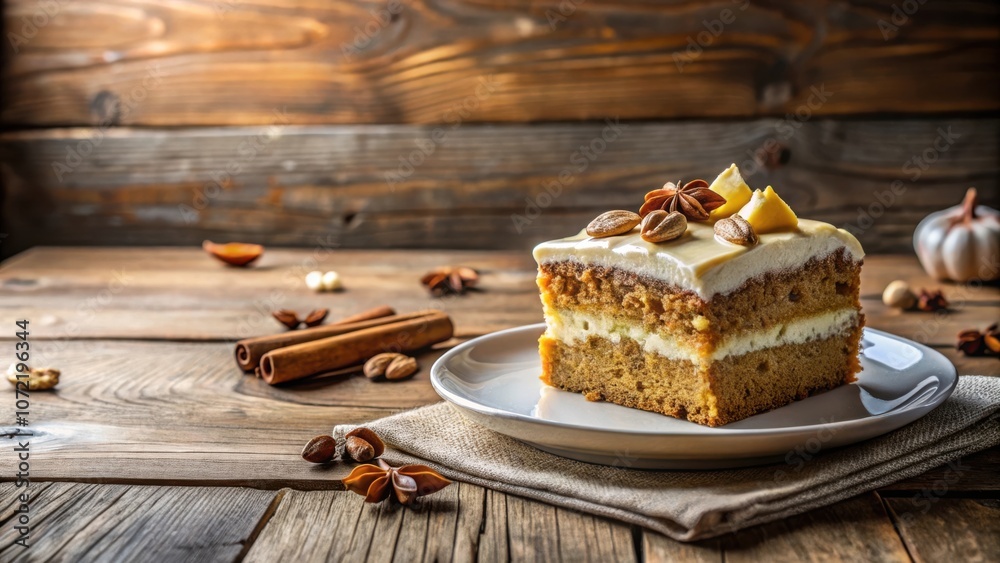 Poster a single slice of delicious cake decorated with almonds and star anise on a rustic wooden table