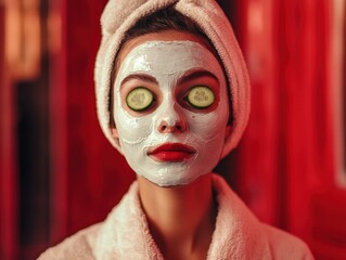 Fototapeta premium woman with facial mask and cucumber slices on eyes