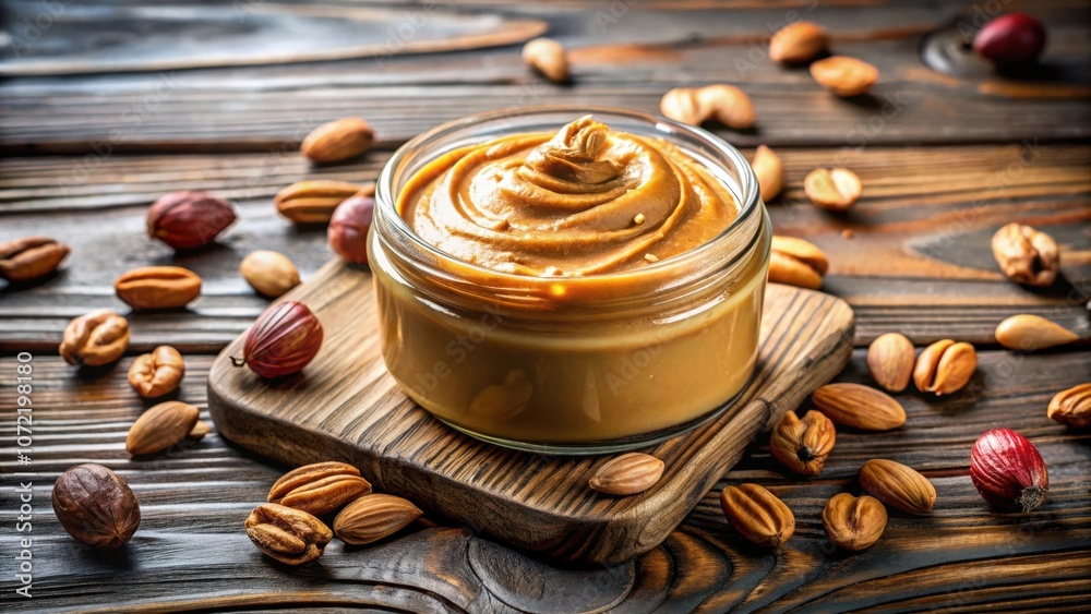Aufkleber creamy nut butter in a glass jar surrounded by a variety of nuts on a rustic wooden surface