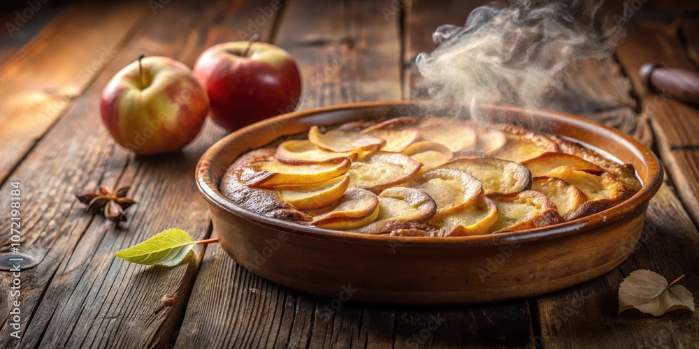 Poster a warm, freshly baked apple pie with a rustic wooden table setting and steam rising from the crust