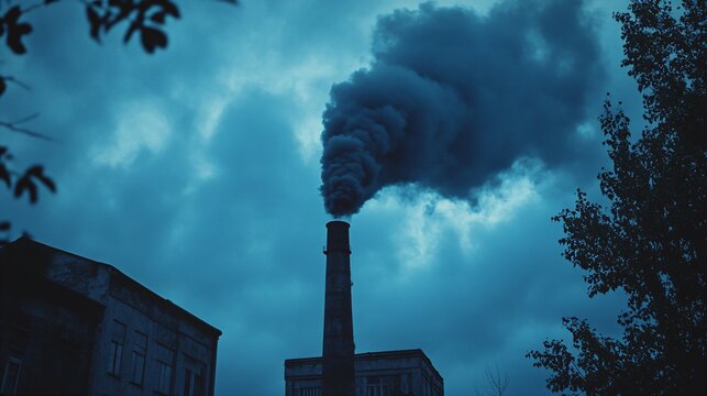 Chimney emitting smoke and dust into the blue sky, pollution, industrial, factory, environment, air, emissions