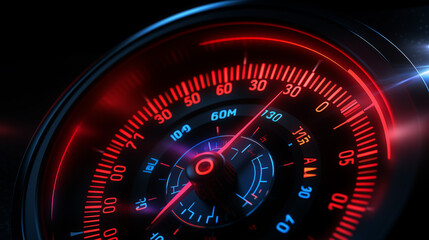 The intensity of a neon tachometer, captured up close with a luminous arrow. Neon tachometer display, close-up with an arrow highlighting speed and performance.