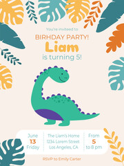 Dinosaur party invitation template for kids vector illustration. Time and address information in cartoon greeting card design for boy. Bright decorations. Child birthday celebration concept © Olha