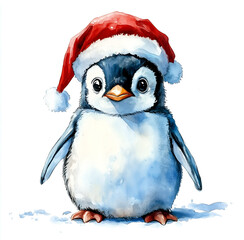 Fototapeta premium Cute Christmas penguin with a Santa hat, watercolor clip art isolated on a white background
