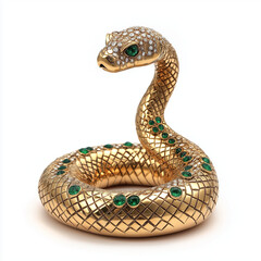 Fototapeta premium a snake made of gold, decorated with green emeralds on a white background