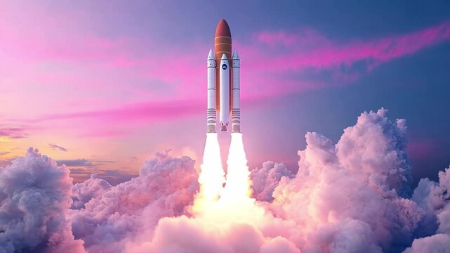 Breathtaking launch of a rocket into a vibrant sunset sky, surrounded by stunning clouds and colors. Spacecraft engineering and space missions