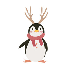 Cute penguin with antlers and scarf in flat design. Christmas character. Vector illustration isolated.