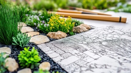 A miniature garden model next to a landscape design plan.
