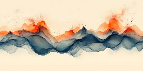 Obraz premium Abstract landscape illustration featuring flowing waves of blue and orange tones, creating a sense of movement and tranquility, reminiscent of mountain ranges in a serene atmosphere.