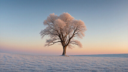 Serene Winter Landscape with Frosty Tree at Dawn
