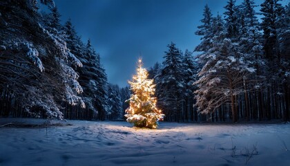 Christmas tree in snow covered pine woods at night