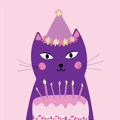 Happy birthday greeting card, cute cat with candles decorated cake. For birthday invitations. For flyers, posters, banners, brochures.