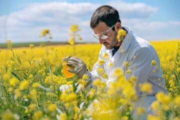 Agricultural scientist testing soil quality in blooming field photo