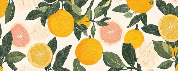 A vibrant pattern featuring oranges, lemons, and grapefruits with leaves on a light background.
