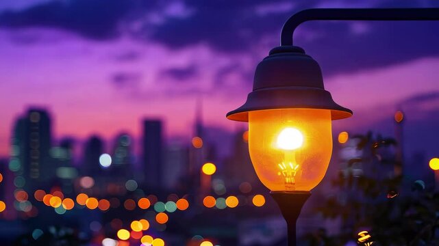 Beautiful sunset cityscape with street lamp illuminating the night