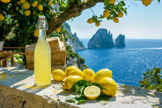 Una bottiglia di limoncello su un tavolo di pietra, circondato da limoni freschi, su una terrazza mediterranea con vista sui Faraglioni dell'isola di Capri, Italia