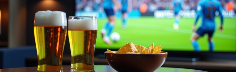 Beer glasses and snacks with soccer match on TV - perfect for sports bar promotions, game day blogs, and football season social media content