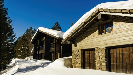Cozy mountain cabin covered in snow in a winter landscape
