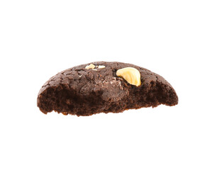 Piece of tasty chocolate nut cookie isolated on white