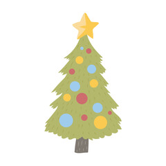 Christmas tree in flat design. Festive fir plant with ball toys and star top. Vector illustration isolated.