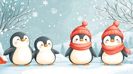 Fototapeta premium Adorable Friendly Penguins in a Snowy Winter Landscape Perfect for Holiday Designs and Children’s Illustrations, Featuring Cute Characters in Winter Hats