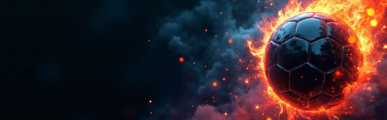 Naklejka premium Fiery soccer ball against dark sky - perfect for sports blogs, game websites, football event promotions, motivational posters, and dramatic sports presentations