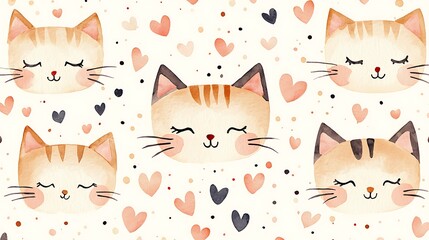 Charming Vector Illustration of Adorable Cat Faces Surrounded by Tiny Hearts, Perfect for Cute and Playful Design Projects and Children’s Artwork