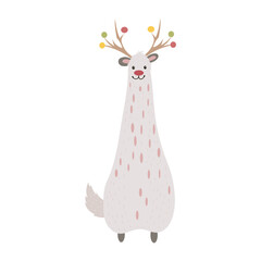 Alpaca llama with decor antlers in flat design. Cute Christmas character. Vector illustration isolated.